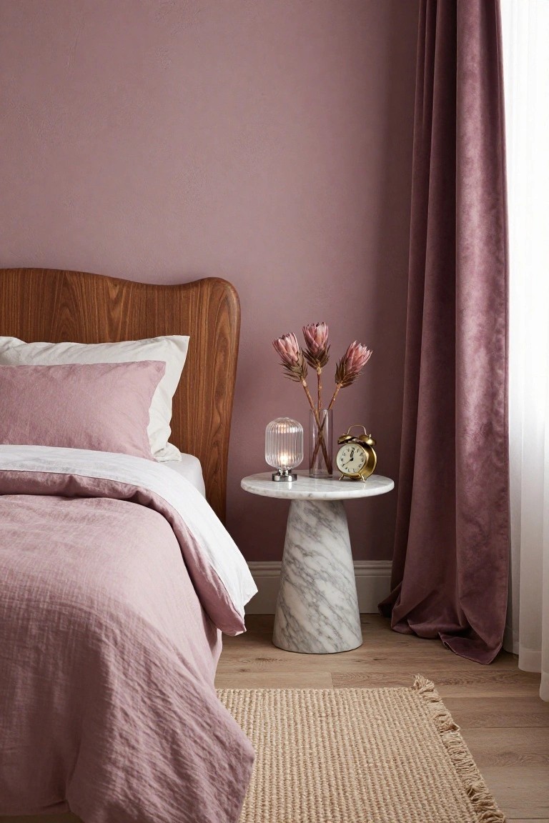 Bedroom corner with mauve textured walls, curved wooden headboard bed draped in pink linen bedding and white sheets, marble pedestal side table holding a glass candle lamp, gold alarm clock, and protea flowers in a clear vase, purple velvet curtains on window, and seagrass rug on hardwood floor.