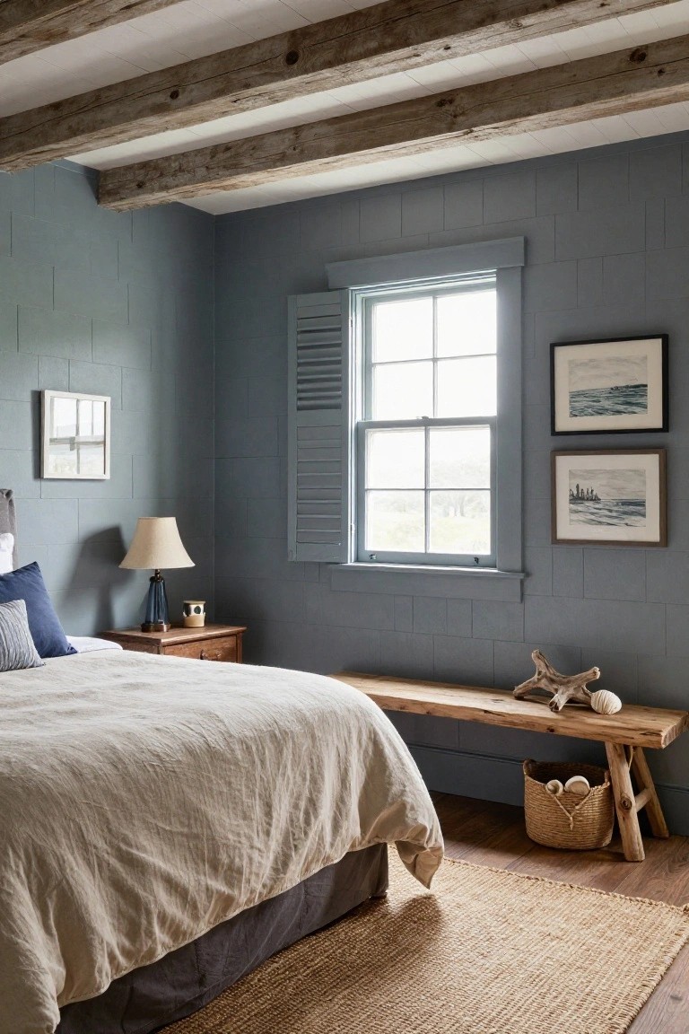 Bedroom interior with pale blue vertical shiplap walls and exposed wooden beams on the ceiling, featuring a wood bed frame with white linen bedding, wooden nightstand with lamp, wooden bench with basket, seagrass rug, and nautical artwork near a shuttered window.
