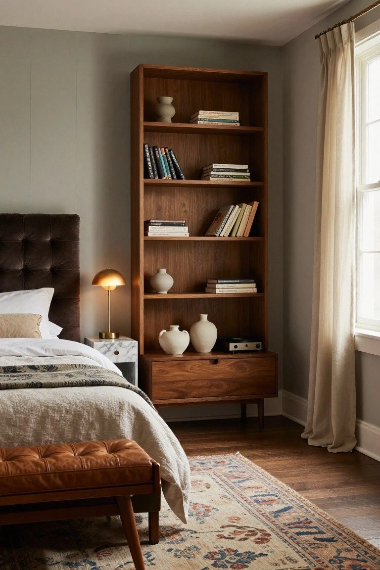 Bedroom interior showing a tall wooden bookshelf stocked with books and ceramic vases next to a brown tufted headboard bed, gold lamp on marble nightstand, tan leather bench, linen bedding, and patterned rug on hardwood floors.