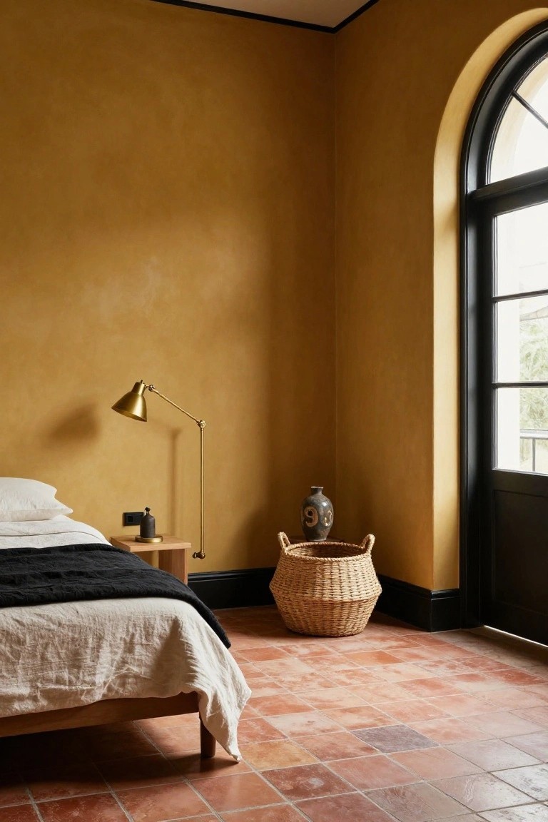 Corner of a bedroom with textured ochre walls, arched black-framed window, wood bed with white sheets black blanket and pillows, gold arc lamp, gray vase, woven basket on terracotta tile floor