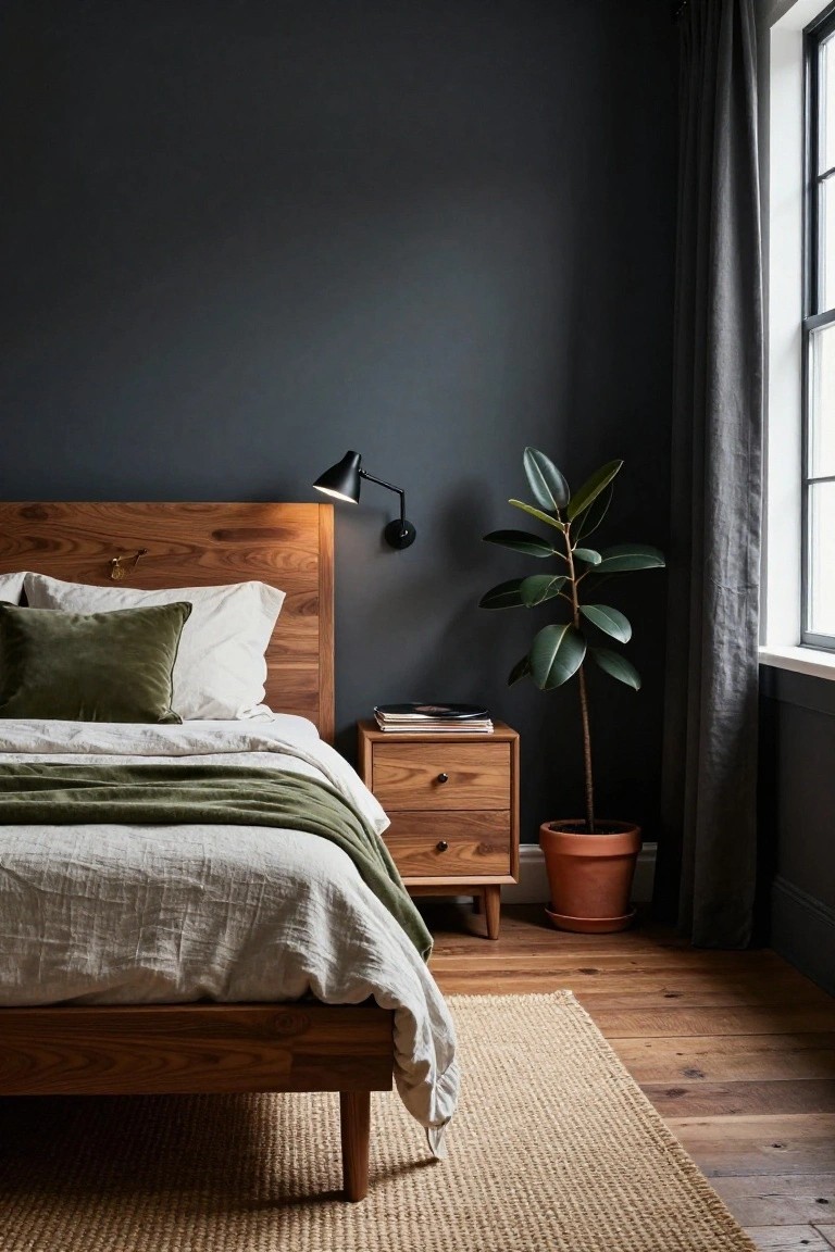 Bedroom with dark gray walls, wooden headboard bed with white and green bedding, wooden nightstand holding books, tall potted plant in terracotta pot, black adjustable wall lamp, linen curtains on window, hardwood floor, and beige seagrass rug.