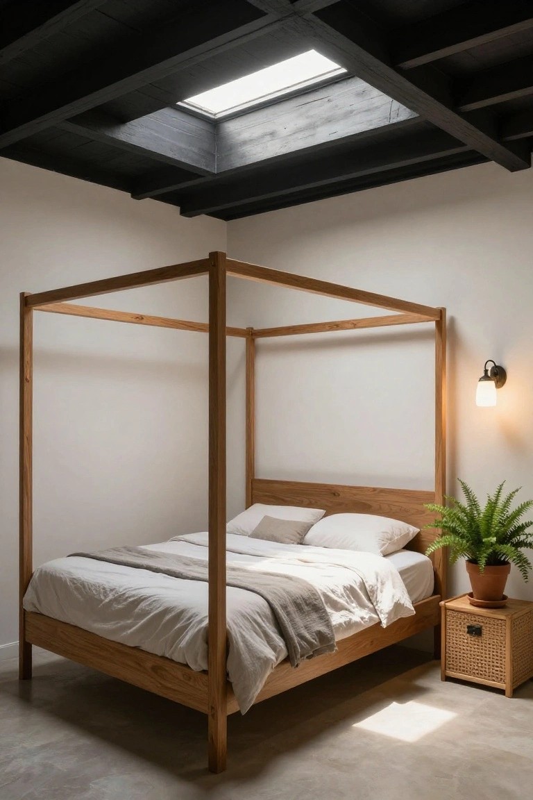 Bedroom interior with a tall wooden canopy bed dressed in white and gray linens, dark exposed beam ceiling with skylight, white walls, rattan nightstand holding a potted fern, wall sconce, and polished concrete floor.