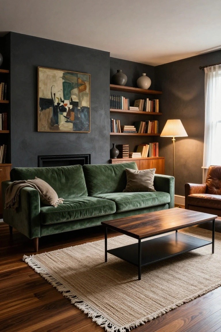 A Green Velvet Sofa for Moody Living Rooms