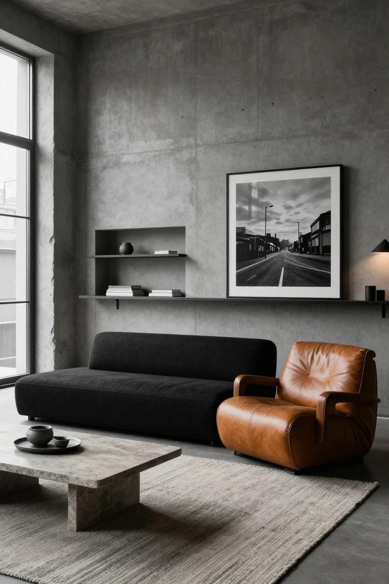 Modern living room with exposed concrete walls, black modular sofa, tan leather armchair, low stone coffee table on seagrass rug, large framed black-and-white photo, and window overlooking city street.