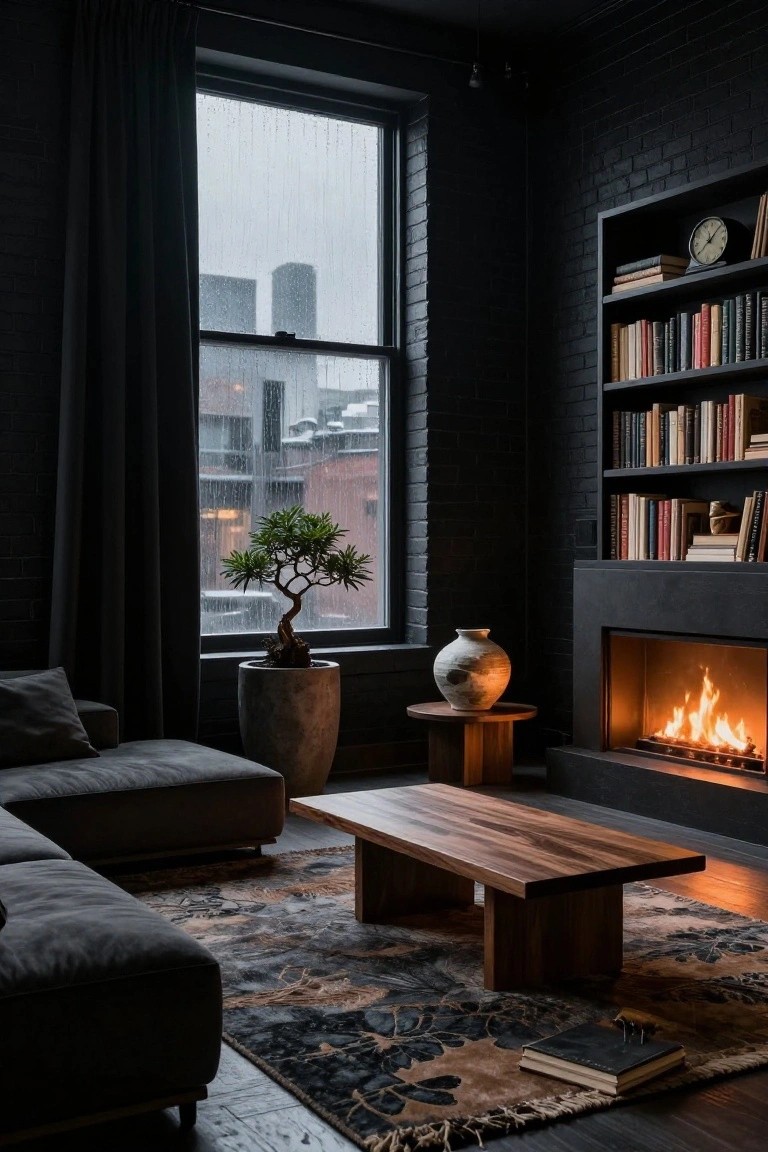 Moody living room interior featuring black exposed brick walls, dark gray L-shaped sofa, wooden coffee table on patterned rug, bonsai tree in gray pot by rainy window, bookshelves with books and clock, side table with ceramic vase, and lit fireplace.