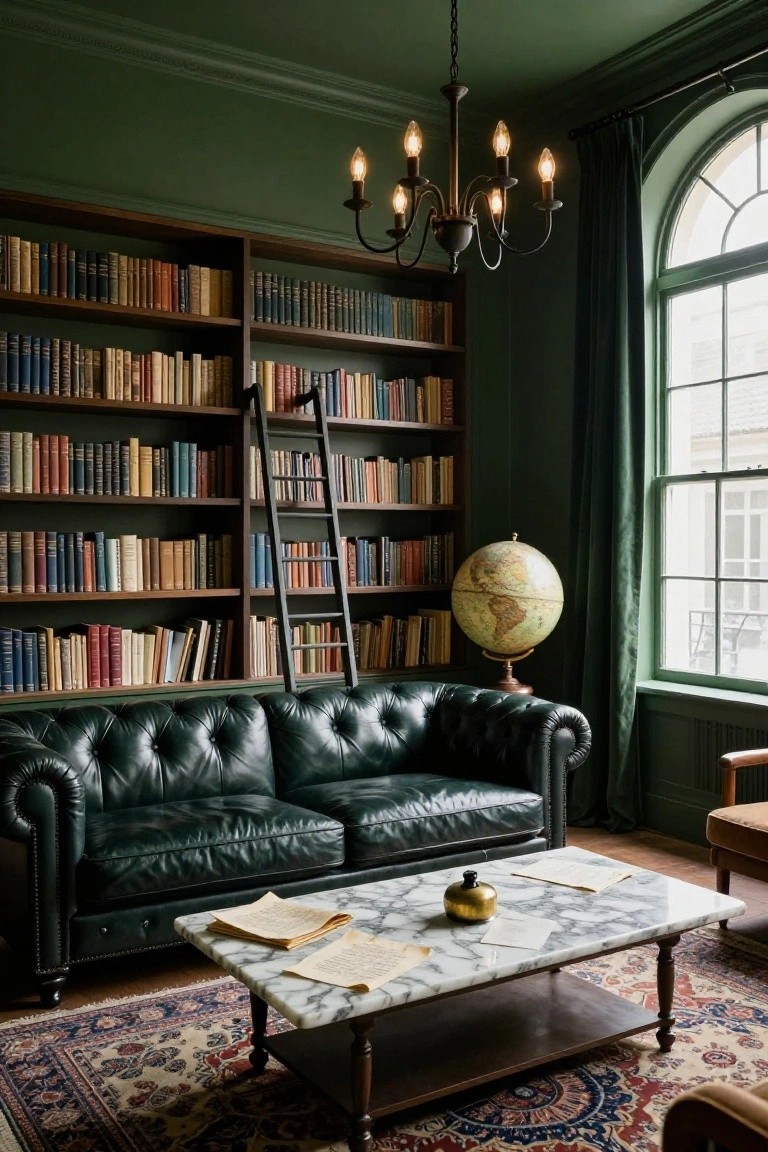 Green-walled room with tall wooden bookshelves full of books and a sliding ladder, green leather Chesterfield sofa, marble coffee table holding papers and a gold vase, brass globe, chandelier, and arched window with green curtains.