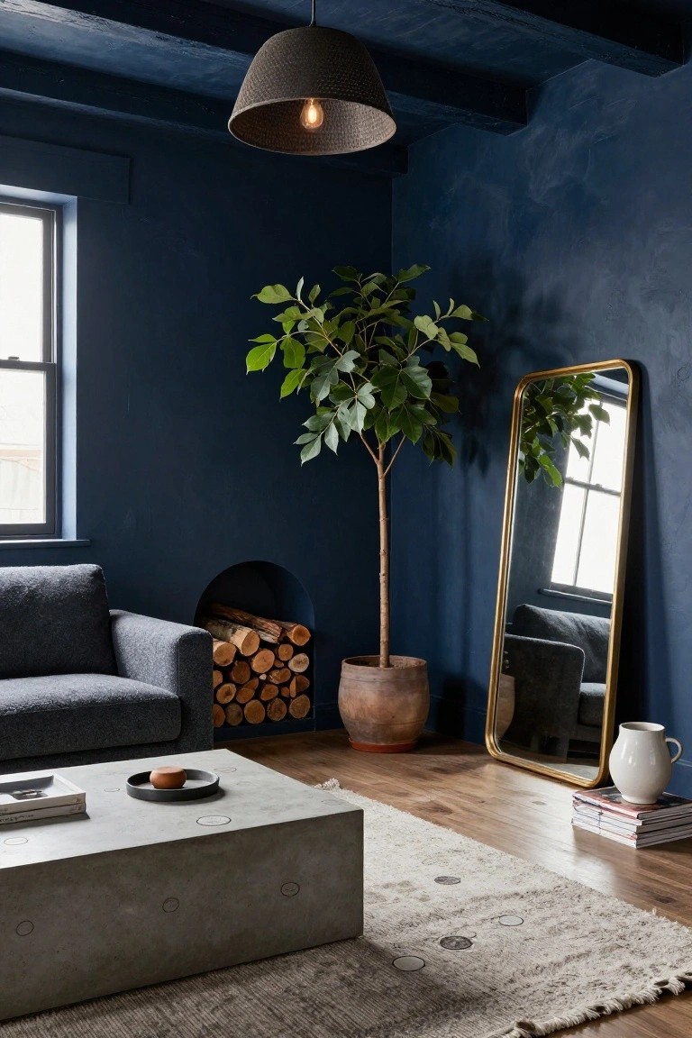 Living room with deep navy blue textured walls, gray fabric sofa facing a firewood-filled arched niche, concrete coffee table, potted ficus tree, tall gold-framed mirror, and woven pendant light.