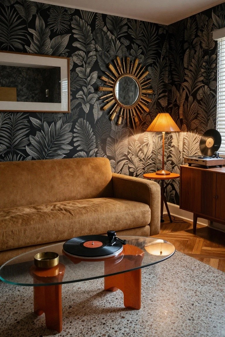A moody living room with black wallpaper printed with white palm leaves, burnt orange velvet sofa, glass coffee table on orange legs, vintage record player on wooden sideboard, brass sunburst mirror, and tripod lamp.