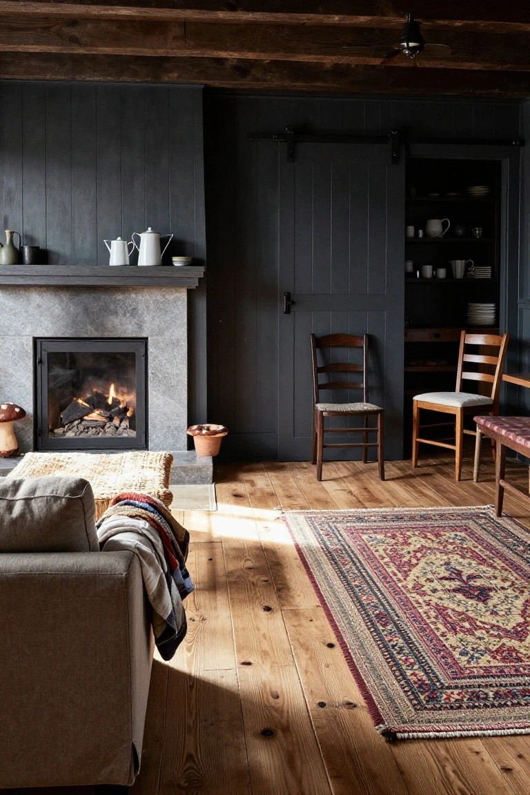 Living room with dark gray vertical paneled wall, lit gray stone fireplace, wood beam ceiling, beige linen sofa with colorful blankets and cushions, wooden ladderback chairs, open cabinet, wood floors, and red Persian rug.