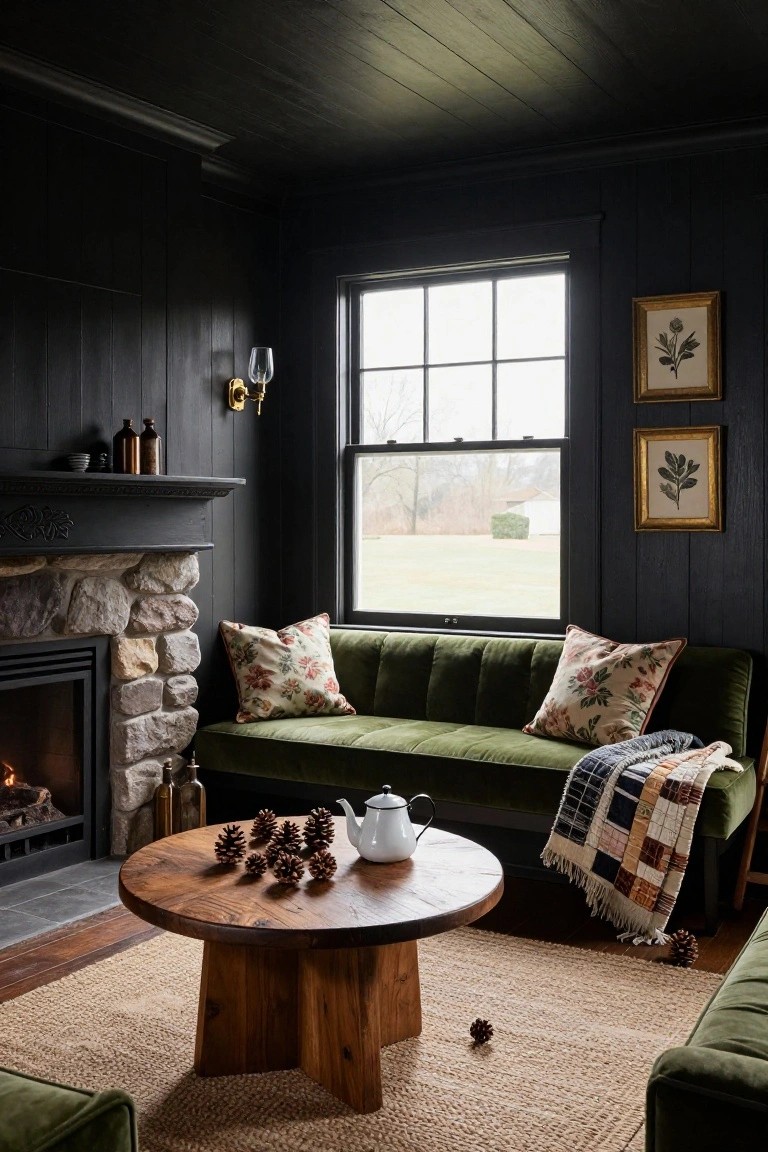 A cozy living room with black wood-paneled walls and ceiling, green velvet sofa with floral pillows, stone fireplace, wooden coffee table holding pinecones and a teapot, and a large window showing fields outside.