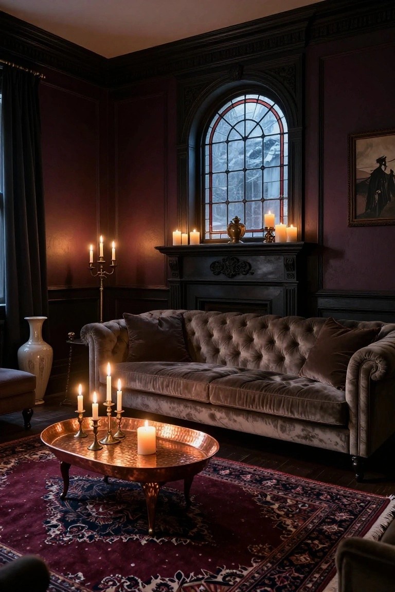 A dimly lit living room featuring deep maroon paneled walls, a tufted velvet Chesterfield sofa, multiple brass candelabras holding lit candles on a low copper tray table and mantel, a large arched window with snowy view, and a red Persian rug.