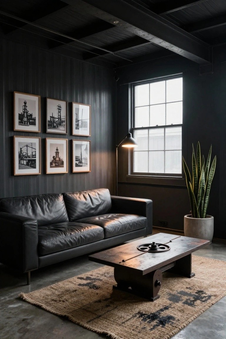 Dark wood-paneled living room with black leather sofa, wooden coffee table featuring a metal wheel, gallery wall of six black-and-white industrial photos, arc floor lamp, potted snake plant near window, and woven rug on concrete floor.