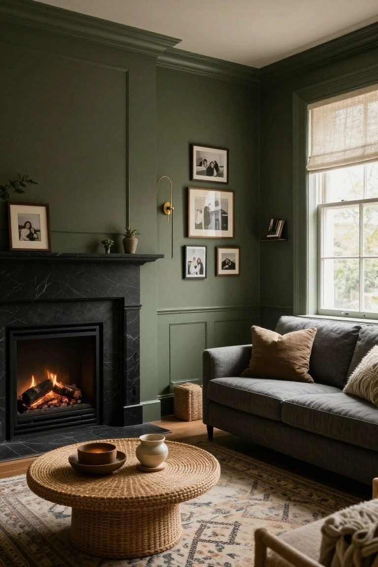 Living room with deep green paneled walls, black marble fireplace with active fire, gray sofa with beige cushions, rattan coffee table holding ceramics, sheer window shades, and assorted black-and-white framed photos on walls.