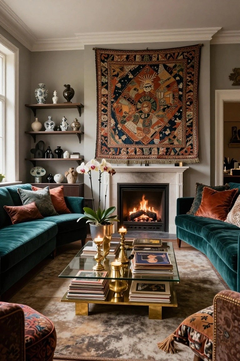 Living room featuring two curved deep teal velvet sofas facing a lit fireplace, a brass and glass coffee table with stacked books, large colorful tapestry wall hanging, and shelves with pottery on gray walls.