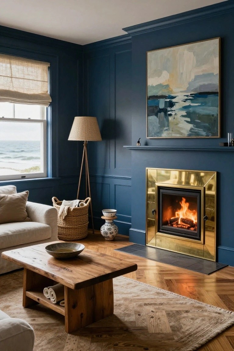 Living room with dark navy paneled walls, brass-framed fireplace burning a fire, cream sofa, wooden coffee table with ceramic bowls, rattan basket, tripod lamp, abstract seascape painting, and window showing ocean view.