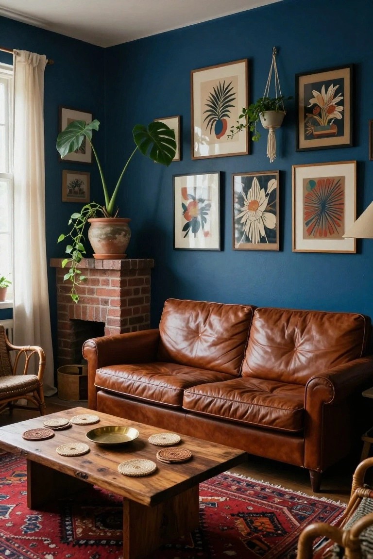 Living room with deep navy blue walls, tan tufted leather sofa, rustic wood coffee table on red patterned rug, brick fireplace, potted plants, hanging plants, and assorted framed art.