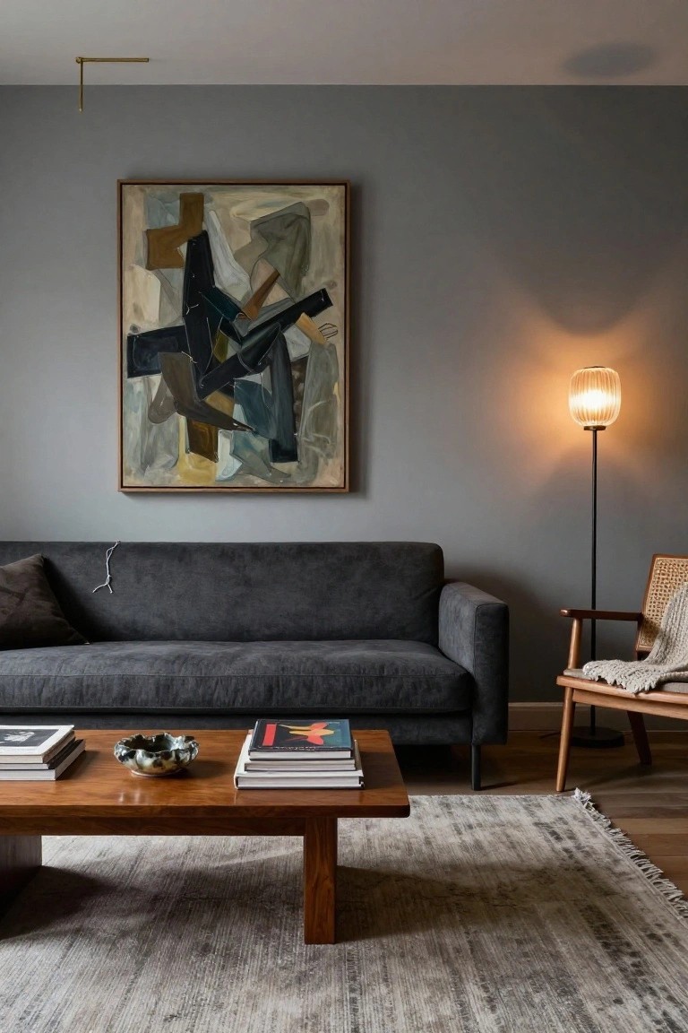 Living room interior with light gray walls, a large framed abstract painting in beige, black, and blue tones, dark gray sofa, wooden coffee table with books and bowl, rattan chair with throw, glass-shade floor lamp, and neutral rug.