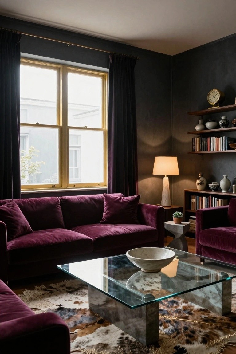 A moody living room with deep purple velvet sofas and armchairs around a glass coffee table on a cowhide rug, dark textured walls, wooden shelves with books and ceramics, a table lamp, and a large window with black curtains.
