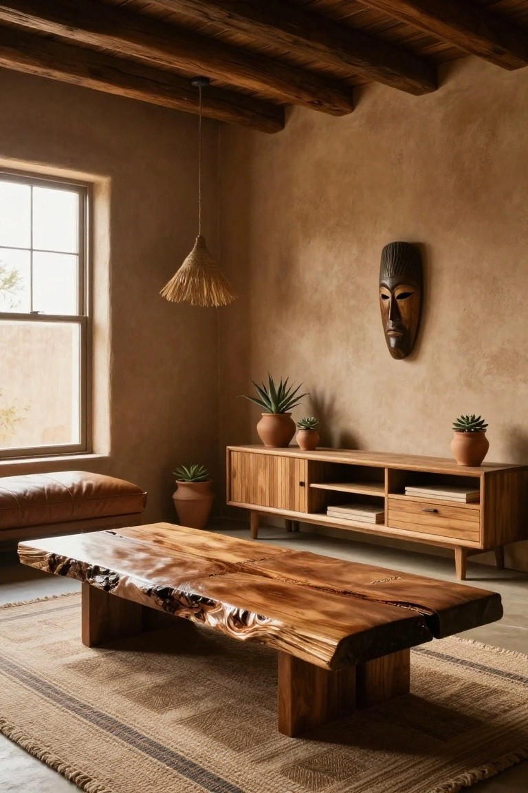 Living room interior with beige adobe walls, exposed wooden beams, large live-edge wooden coffee table on woven rug, wooden credenza with potted plants and books, leather bench, rattan pendant lamp, and carved wooden mask on wall.