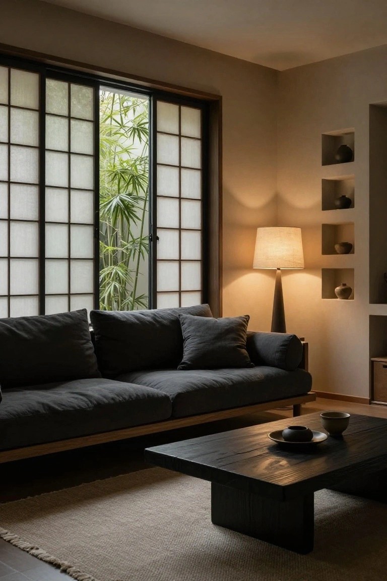 A minimalist living room with shoji sliding screens showing bamboo plants outside, low dark gray sofa, black wood coffee table with ceramic dish and cup, tall floor lamp, beige walls and rug.