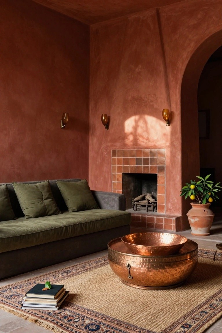 Living room with terracotta-plastered walls, green upholstered sofa, brick fireplace, large hammered copper bowl table, Persian rug, and potted lemon tree.