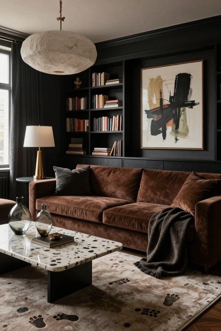 Moody living room with black paneled walls and built-in bookshelves, brown velvet L-shaped sofa, marble coffee table with glass vases, brass lamp, abstract wall art, paper pendant light, and footprint-patterned rug on parquet floor.
