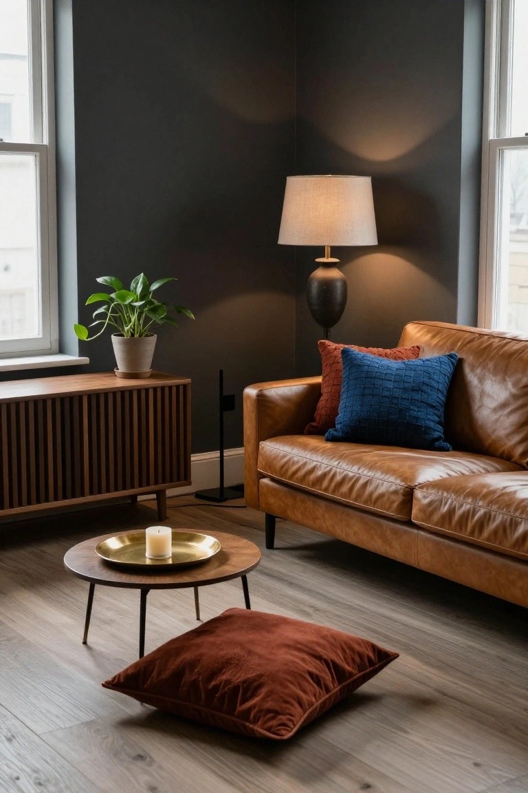 Corner of a living room with dark gray walls, tan leather sofa with blue and rust pillows, wooden credenza holding a potted plant, tall floor lamp, brass tray with candle on low wood coffee table, and red floor cushion on light wood floor.