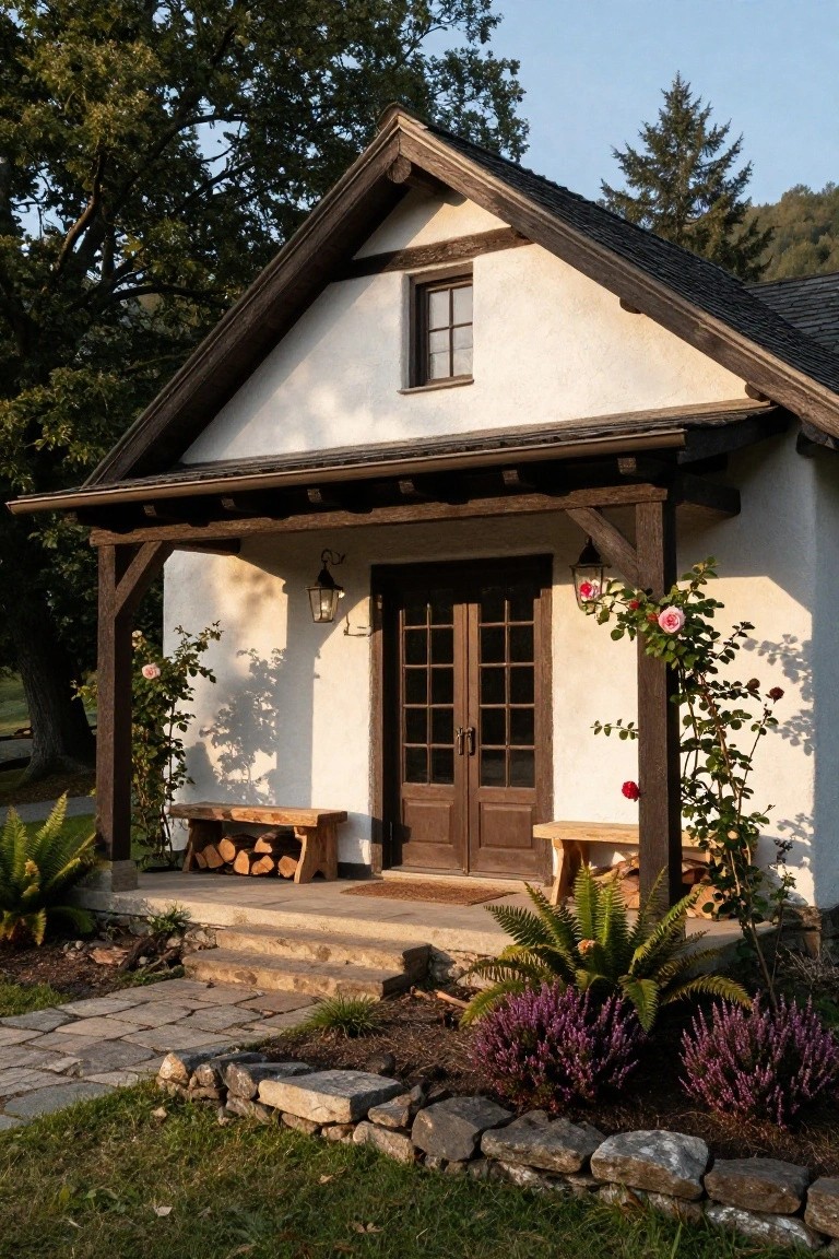A small white plaster cottage with dark timber framing on the gable and porch, wooden double door, lantern lights, climbing roses on posts, firewood bench, potted ferns and heather plants, stone path, and rock edging in a wooded yard.