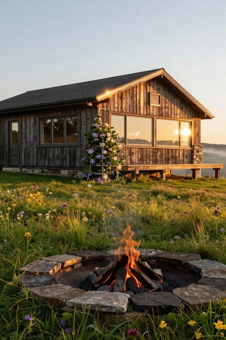A small wooden cabin with dark vertical siding, large triple-pane windows, climbing purple flowers on one side, wooden deck, and a stone-ringed fire pit in a foreground meadow of wildflowers and grass at sunset.