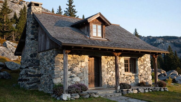 Small rustic cottage with irregular stone walls, timber porch supported by log posts, arched wooden entry door, slate roof, stone steps, lavender plants, rocks, and surrounding pine trees against mountain backdrop.