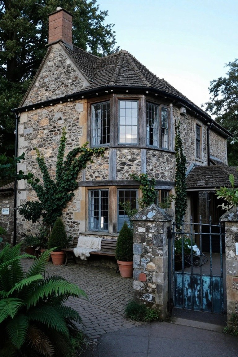 Stone cottage exterior with ivy climbing timber-framed walls and windows, wooden bench with white blanket, potted plants, ferns along a brick path, and rusted iron gate at the entry.