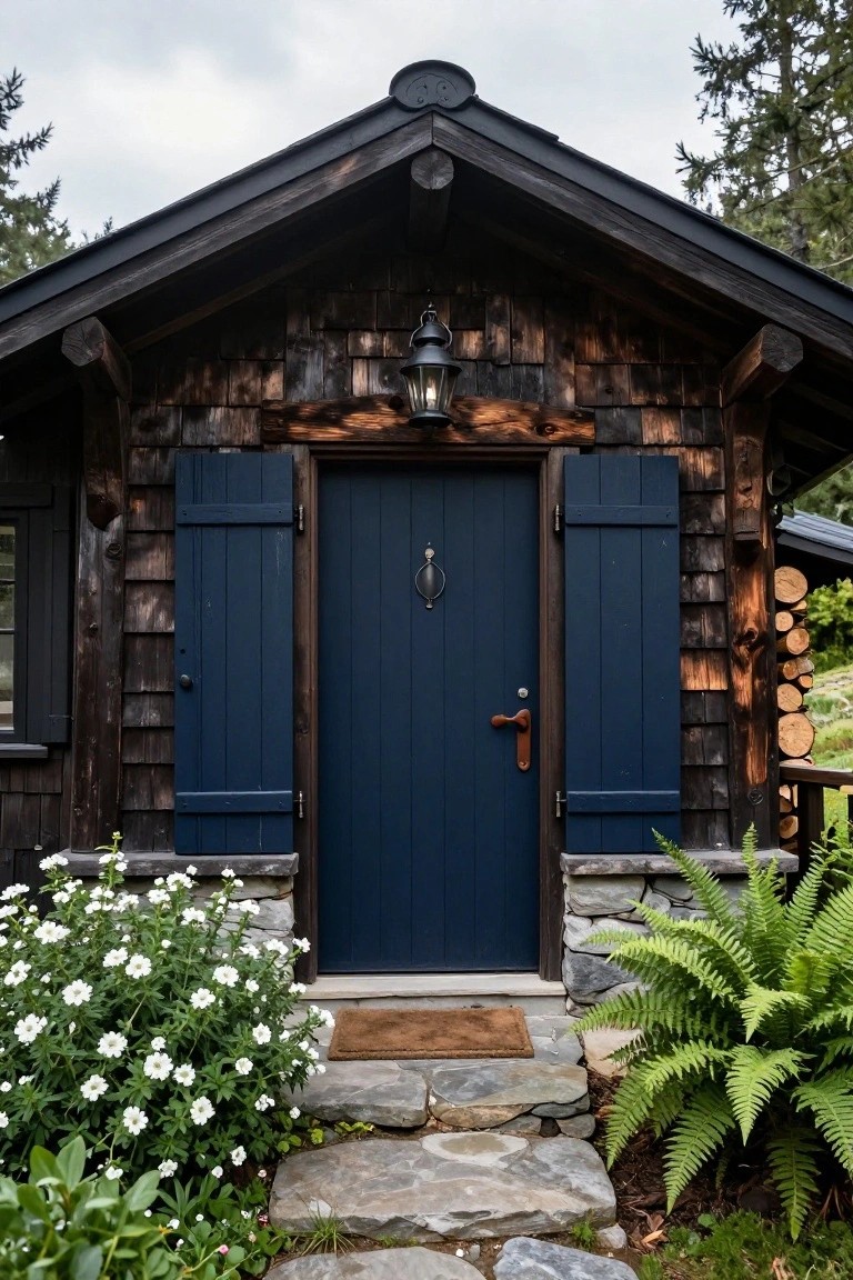 Front view of a wooden shingled cottage with dark siding, navy blue door and shutters, brass lantern, stone steps, and surrounding plants and ferns.