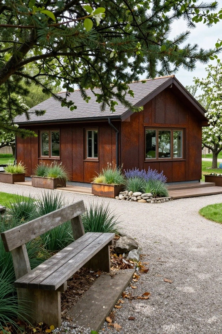Small gabled cabin with vertical rusted metal siding, wood-framed windows, metal planters filled with grasses and lavender, wooden bench on gravel path amid greenery and trees.
