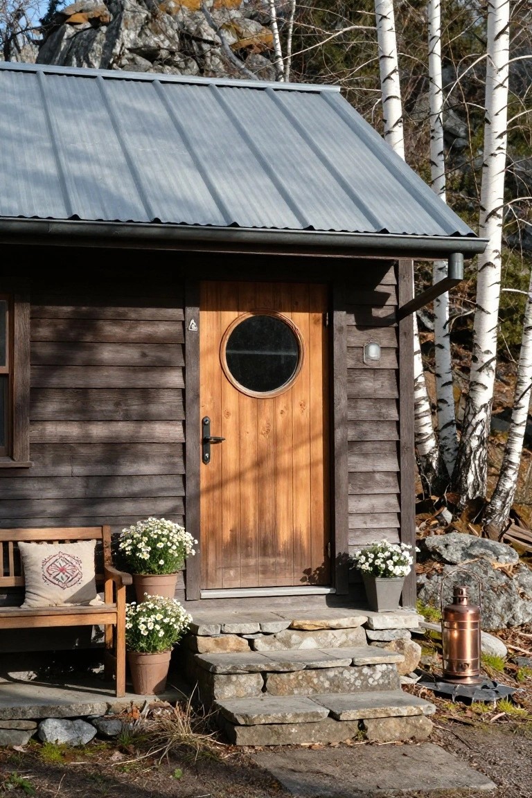 Small wooden cabin with dark shingle siding and gray metal roof, featuring an orange wooden door with black handle and round porthole window, flanked by a cushioned bench, potted white flowers, stone steps, copper lantern, birch trees, and rocky terrain.