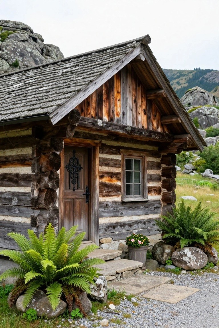 Small log cabin with stacked horizontal wood logs for walls, steep gray shingle roof, wooden door with black wrought iron knocker and handle, small paned window, stone steps, potted flowers, ferns, rocks, gravel path, and rocky mountain background.