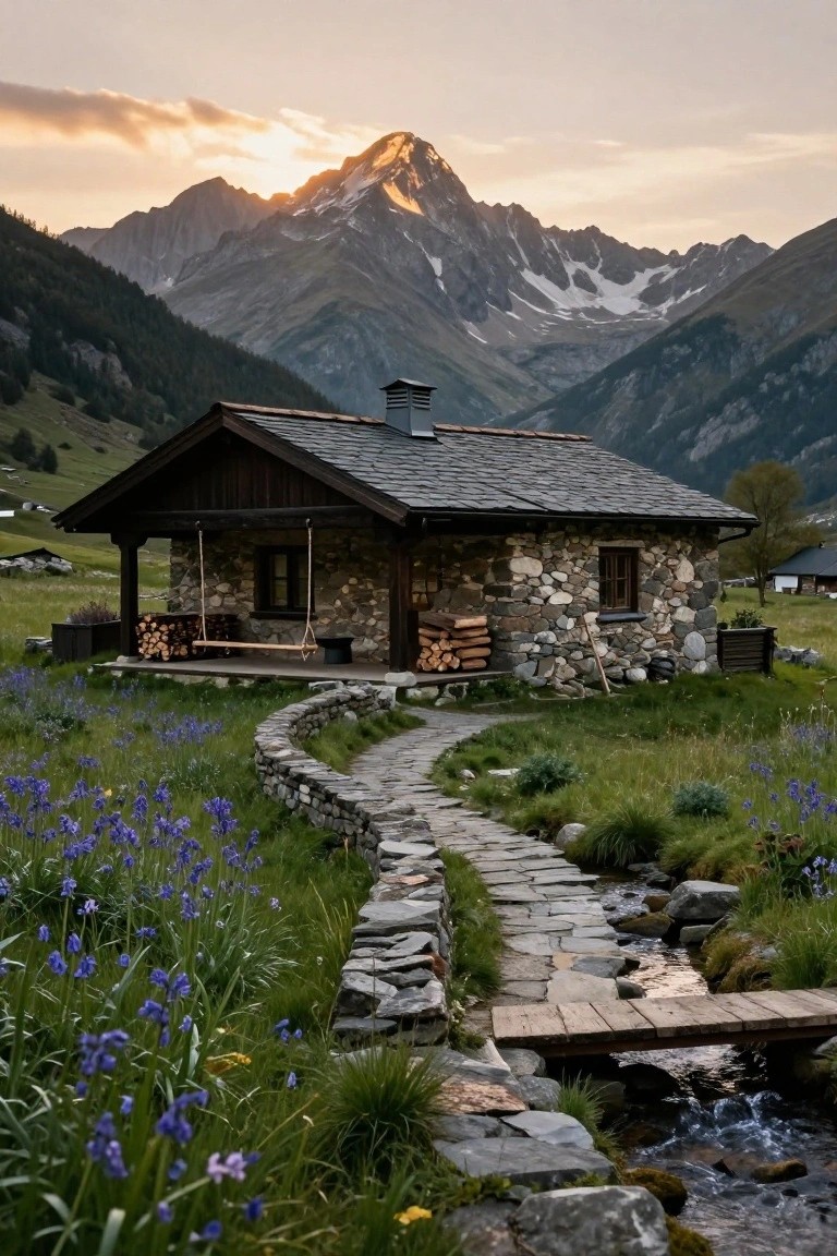 Rustic stone cottage with dark wood roof and porch, wooden swing, stacked firewood, stone path leading through wildflowers and over a wooden bridge across a stream, with alpine mountains at sunset.