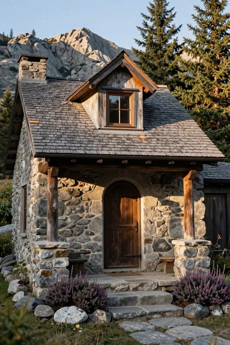 Small rustic cottage with irregular stone walls, timber porch supported by log posts, arched wooden entry door, slate roof, stone steps, lavender plants, rocks, and surrounding pine trees against mountain backdrop.