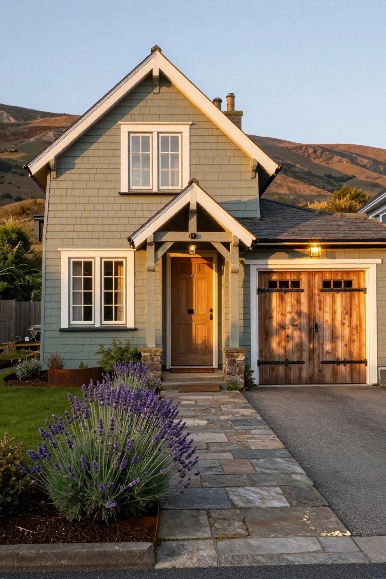 Front view of a two-story sage green shingled house with gabled roof, wooden front door under a covered porch, double barn-style wooden garage doors, stone pathway, lavender shrubs, and distant mountains at sunset.