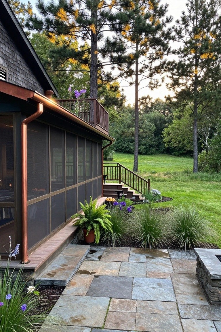 Side view of a shingled house featuring a screened porch with copper gutters and flashing, an upper balcony, stairs, stone patio with fire pit, potted plants, grasses, flowers, and surrounding pine trees and field.