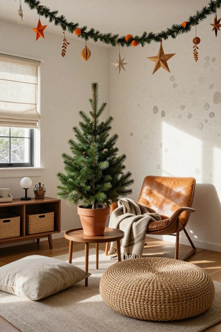 Small potted Christmas tree in terracotta pot next to leather armchair and wooden side table in sunlit living room corner with natural garlands, stars, and ornaments hanging from ceiling.