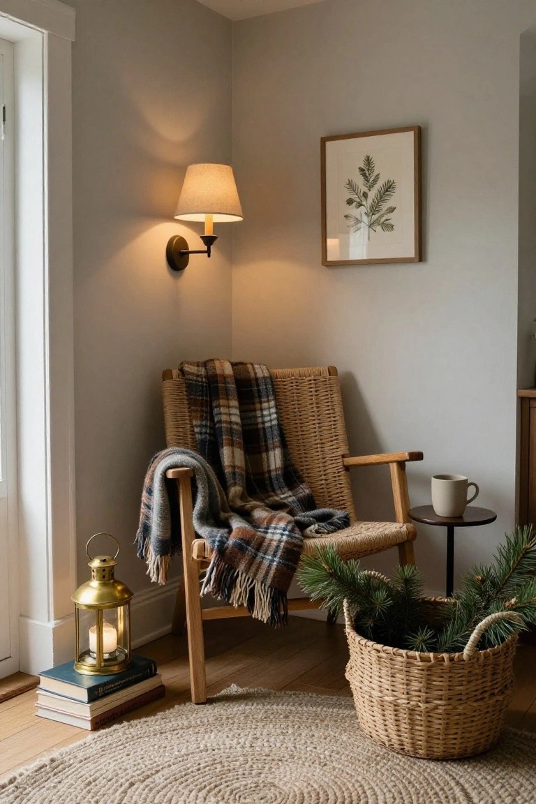 Cozy interior corner featuring a wicker armchair with plaid blanket, side table holding a mug, brass lantern and stacked books on the floor, woven basket of fir branches, wall sconce, and framed leaf print on pale gray walls.