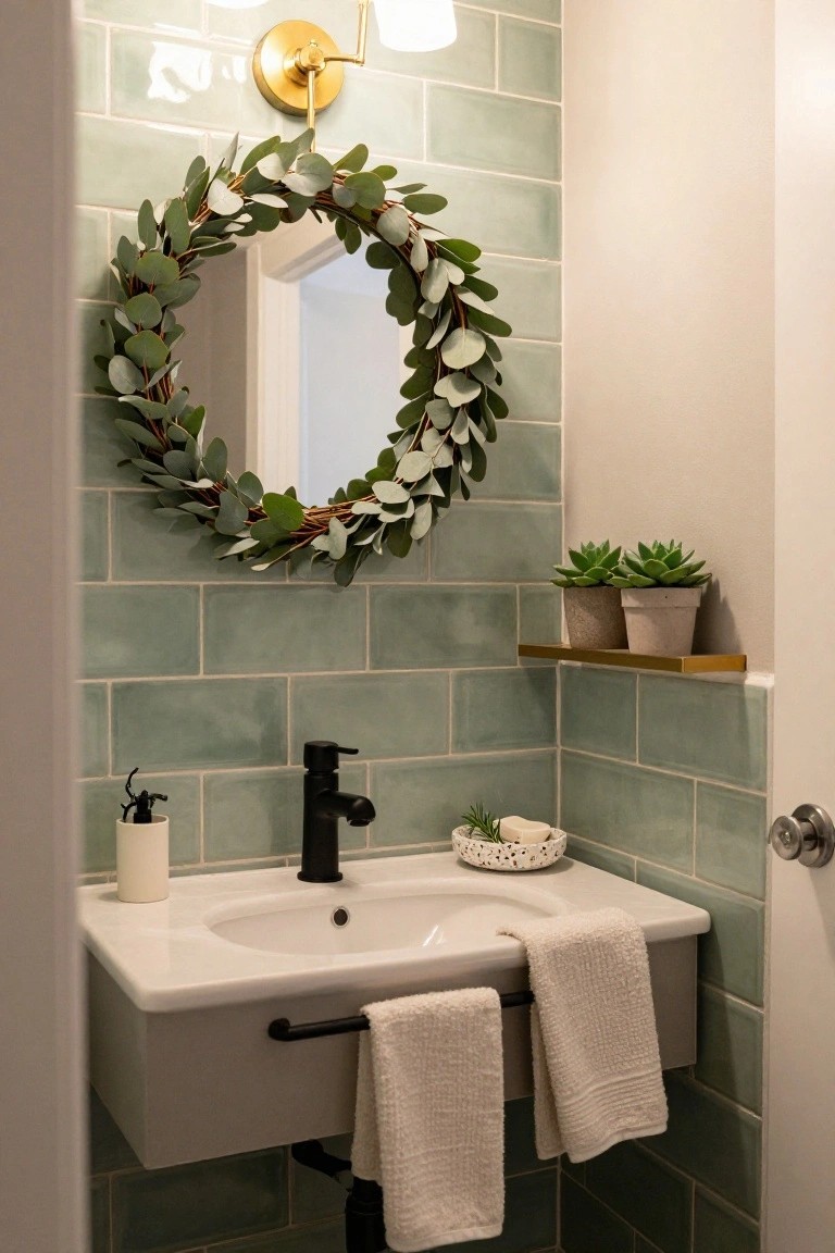 Close-up view of a small bathroom with light green subway tile walls, a round mirror framed by a eucalyptus wreath, white sink with black faucet, soap dispenser, small plants on a gold shelf, and folded white towels on a towel bar.