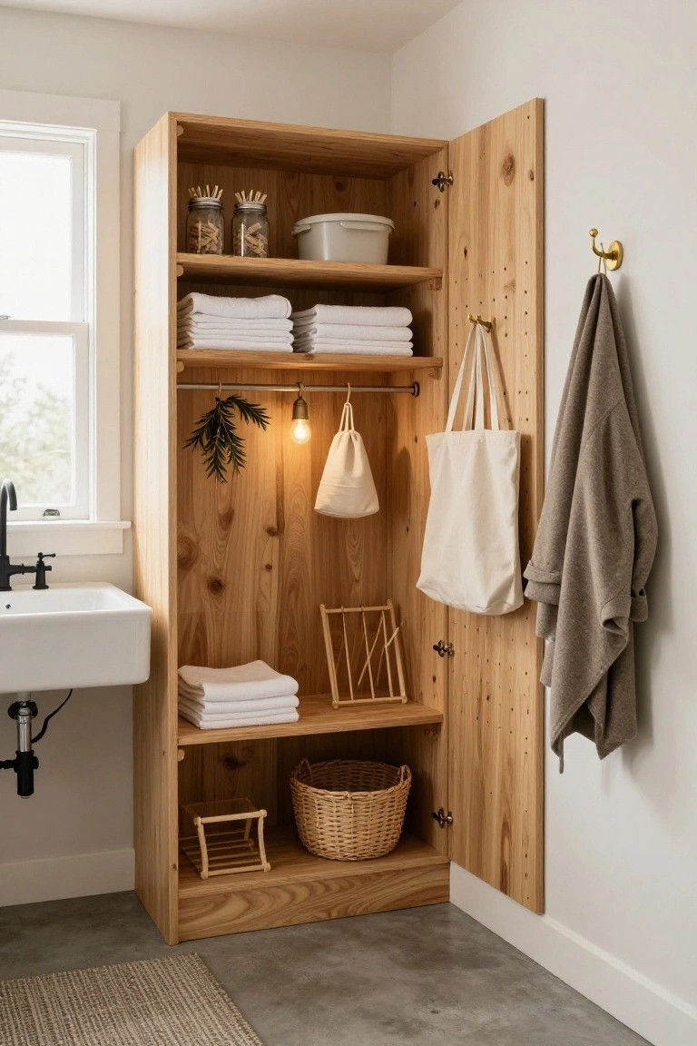Open pine wood armoire in a white bathroom containing folded white towels on shelves, jars of clothespins, woven baskets, hanging cloth bags, and fresh green evergreen branches lit by a small bulb, positioned beside a white farmhouse sink with black faucet.