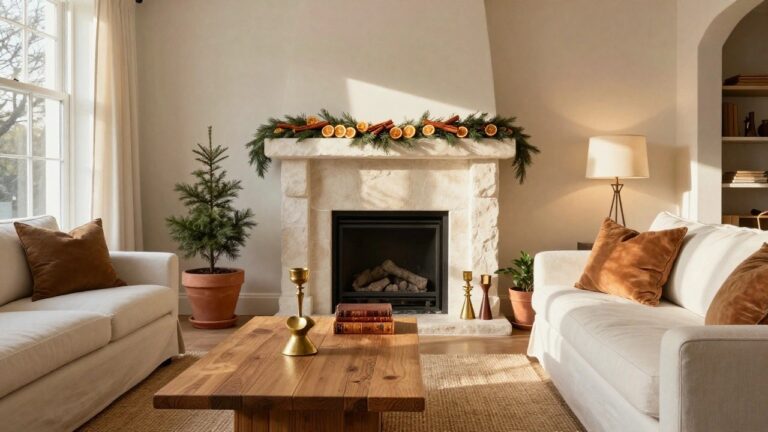 21 Natural Christmas Decor Ideas That Bring the Outdoors In Living room with white sofa, wooden coffee table, stone fireplace mantel decorated with pine garland, dried orange slices, and cinnamon sticks, neutral pottery, plants, and sheer curtains.