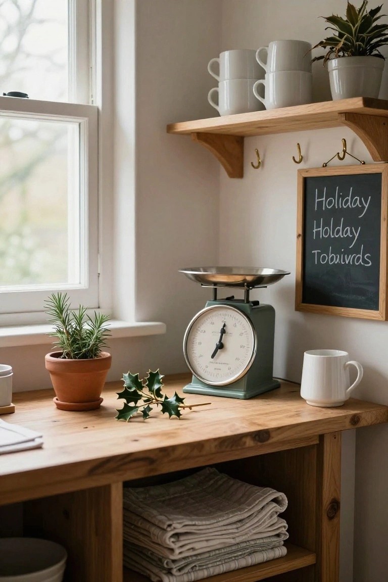 Wooden kitchen counter with vintage green scale, stainless steel pan, terracotta pot of rosemary, holly branches, white mug, and nearby shelves holding stacked white cups, linens, and a chalkboard sign reading "Holiday Tobiwrds".