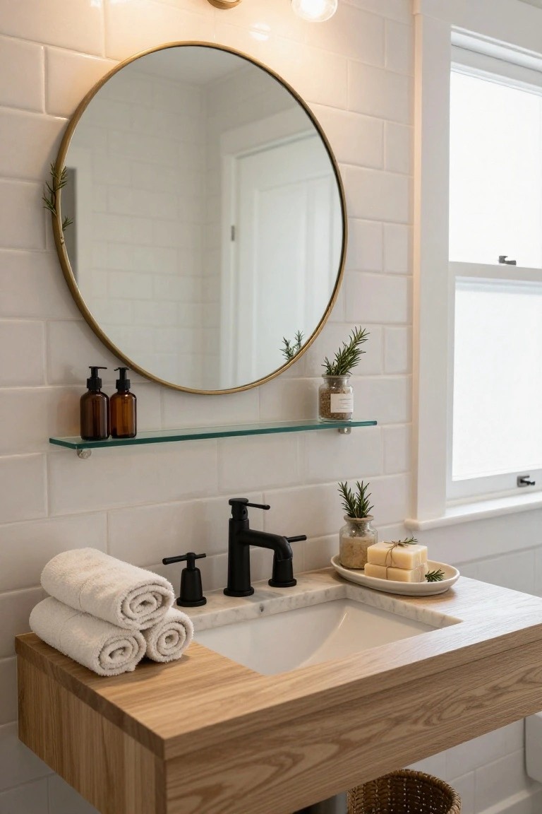 Bright bathroom with white subway tile walls, round brass mirror, glass shelf holding amber bottles and potted rosemary, wooden vanity with white marble sink and black faucet, stacked white towels, soap bars, and herb jars on the counter.