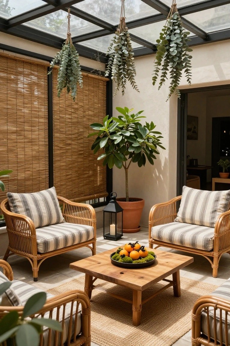 Covered outdoor patio with rattan armchairs and striped cushions around a square wooden coffee table holding a bowl of persimmons on moss, a potted ficus tree nearby, hanging dried eucalyptus bundles from the glass roof beams, bamboo blinds on walls, and terracotta lanterns.