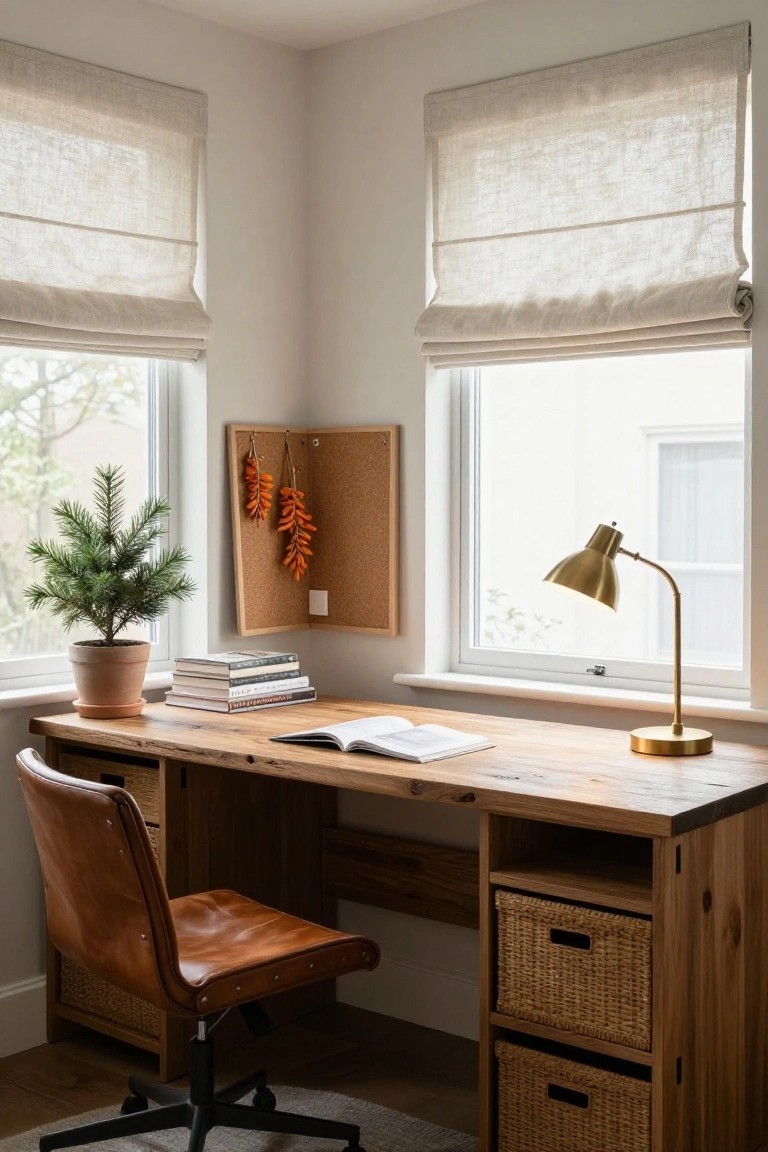 Home office corner with rustic wooden desk holding stacked books and open book, small potted fir tree in terracotta pot, corkboard with hanging dried orange peppers, brown leather chair, gold desk lamp, and linen roman shades on two windows.
