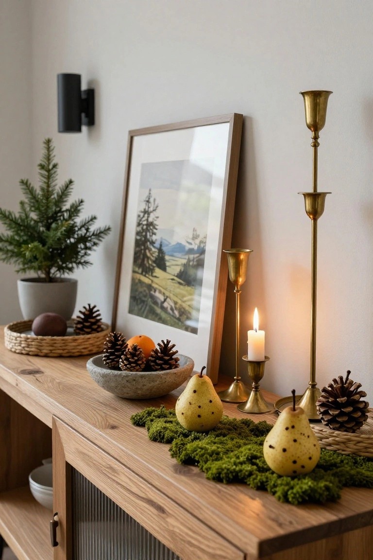 Wooden console table topped with green moss holding yellow pears with black spots, pinecones, oranges, and lit candles in brass holders, beside a small potted Christmas tree, framed landscape print, and wall light.