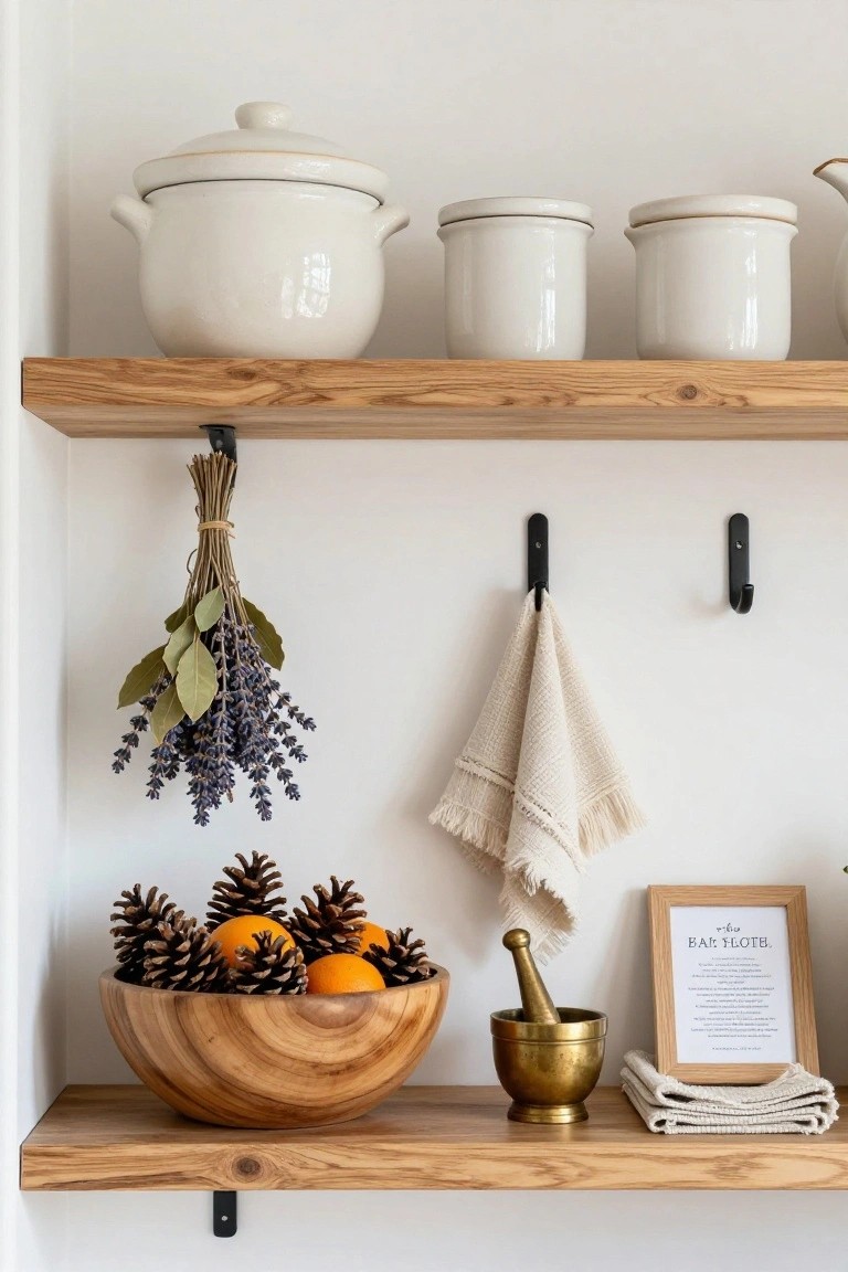 Wooden floating shelves in a white kitchen holding white ceramic pots and jars, a wooden bowl filled with pinecones and oranges, brass mortar and pestle, stacks of linen towels, hanging dried lavender and bay leaves bundle, and a small framed print.